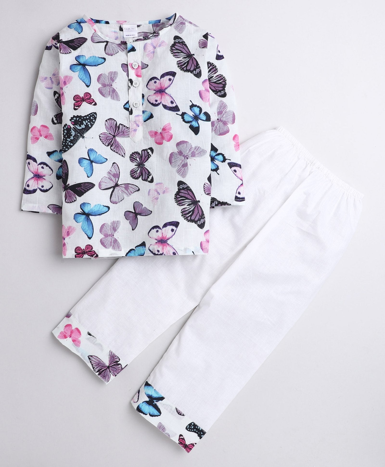 Polka Tots Full Sleeves Baby Night Wear Butterfly Kurta Pyjama - White - Laadlee