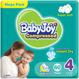 BabyJoy Compressed Diamond Pad Diaper, Mega Pack Large Size 4, 10 - 18Kg - 60Pcs