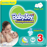 BabyJoy Compressed Diamond Pad Diaper, Jumbo Pack Medium Size 3, 6 - 12Kg - 52Pcs