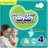 BabyJoy Compressed Diamond Pad Diaper, Mega Pack Large+ Size 4+, 12 - 21Kg - 56Pcs