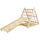Ezzro - Triple Climbing Triangle Pikler With Rock Ramp And Slide - Natural