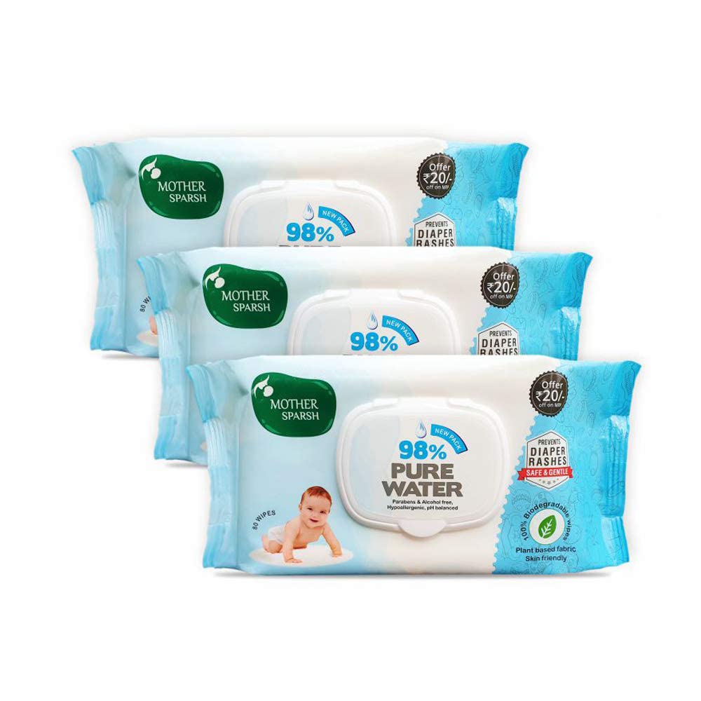 Mother Sparsh 98% Pure Water Baby Wipes - 80pcs (Pack of 3) - Laadlee