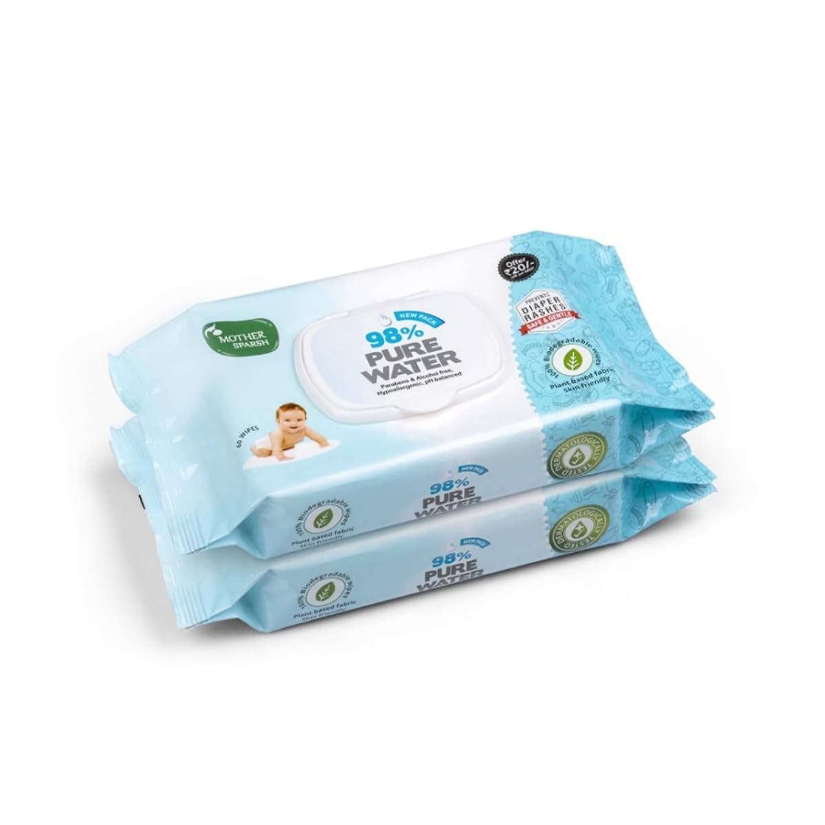 Mother Sparsh 98% Pure Water Baby Wipes - 60pcs (Pack of 2) - Laadlee