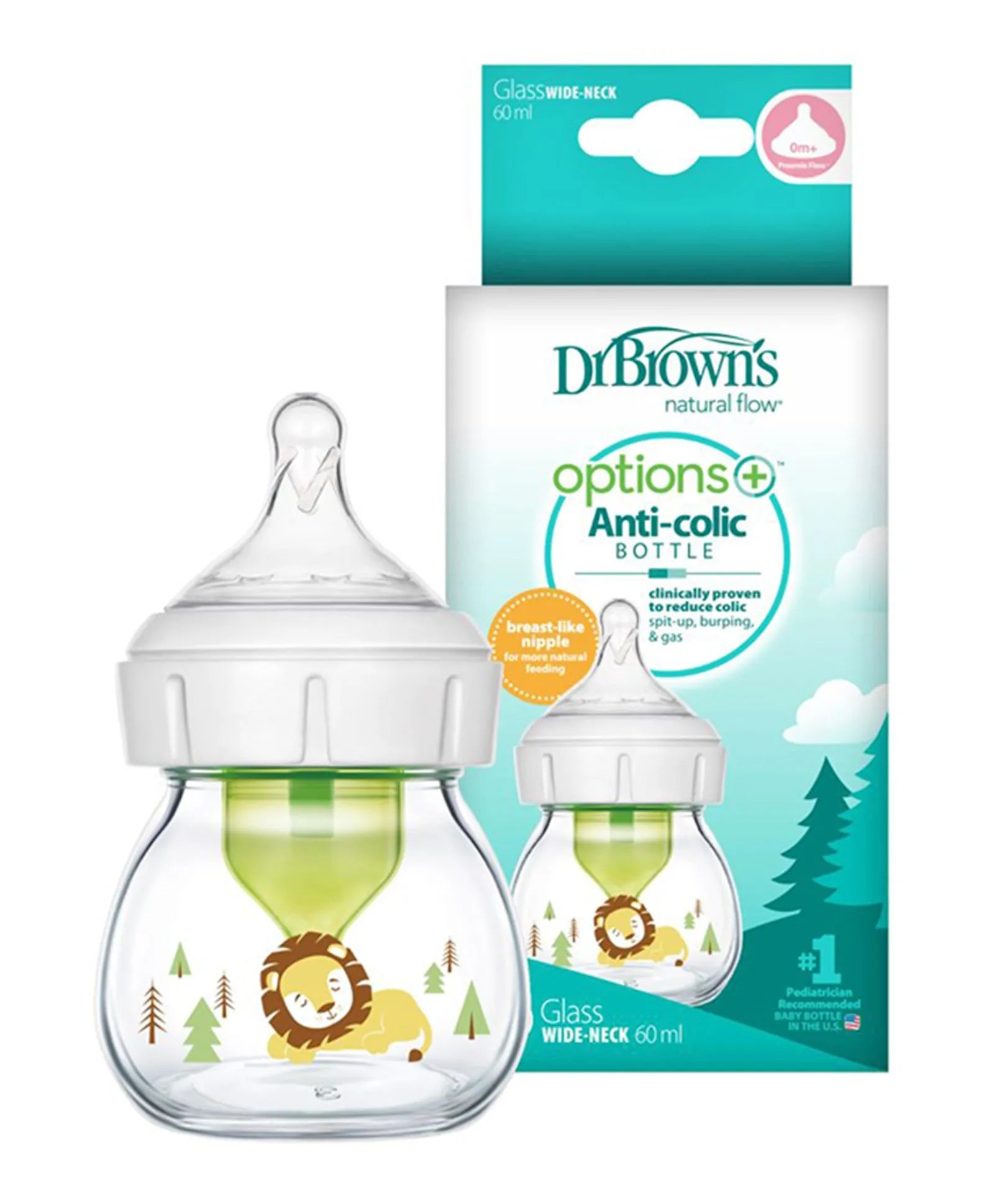 Dr. Brown's Glass Wide Neck Options+ Bottle with Lion Deco with Preemie Nipple 60ml - Laadlee