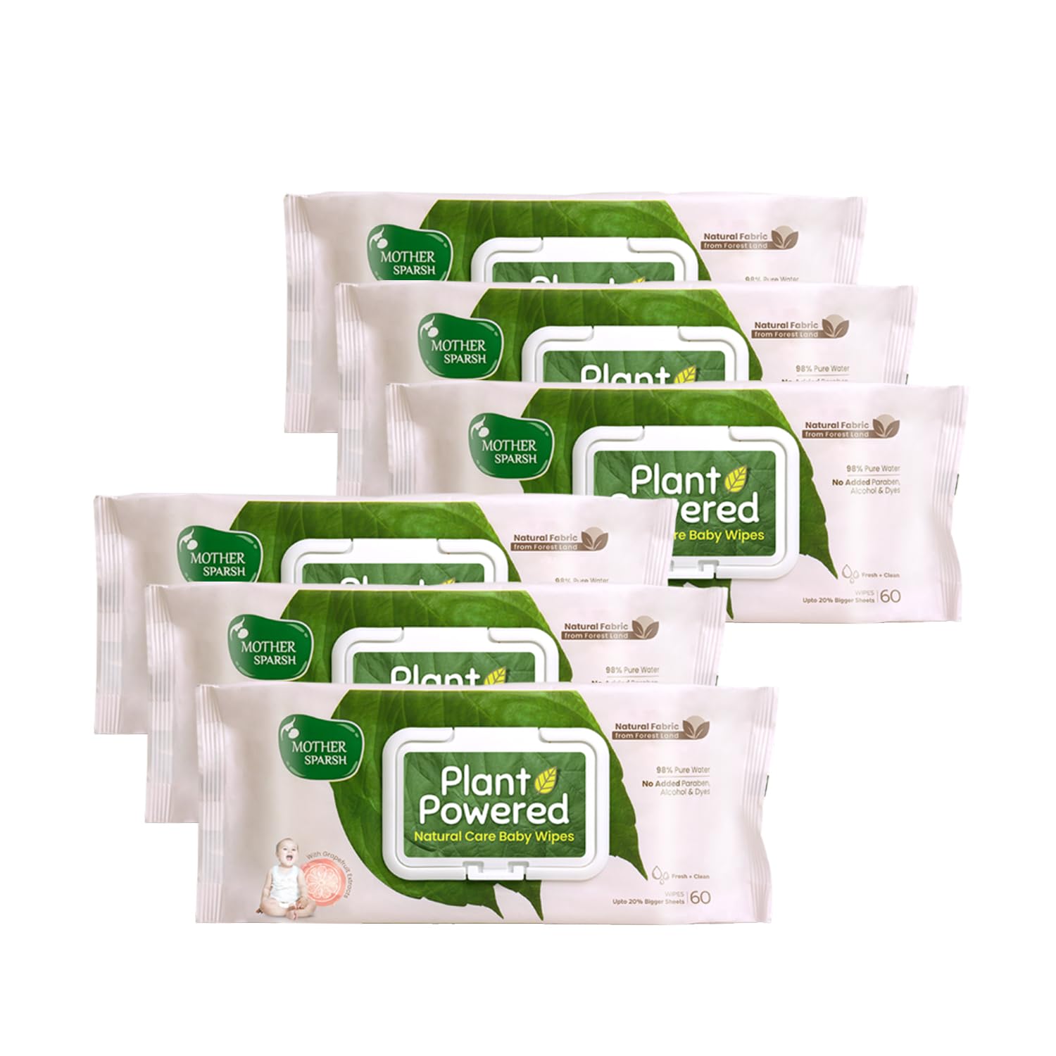 Mother Sparsh Plant Powered Natural Baby Wipes with Grapefruit Extract - 60pcs (Pack of 6) - Laadlee