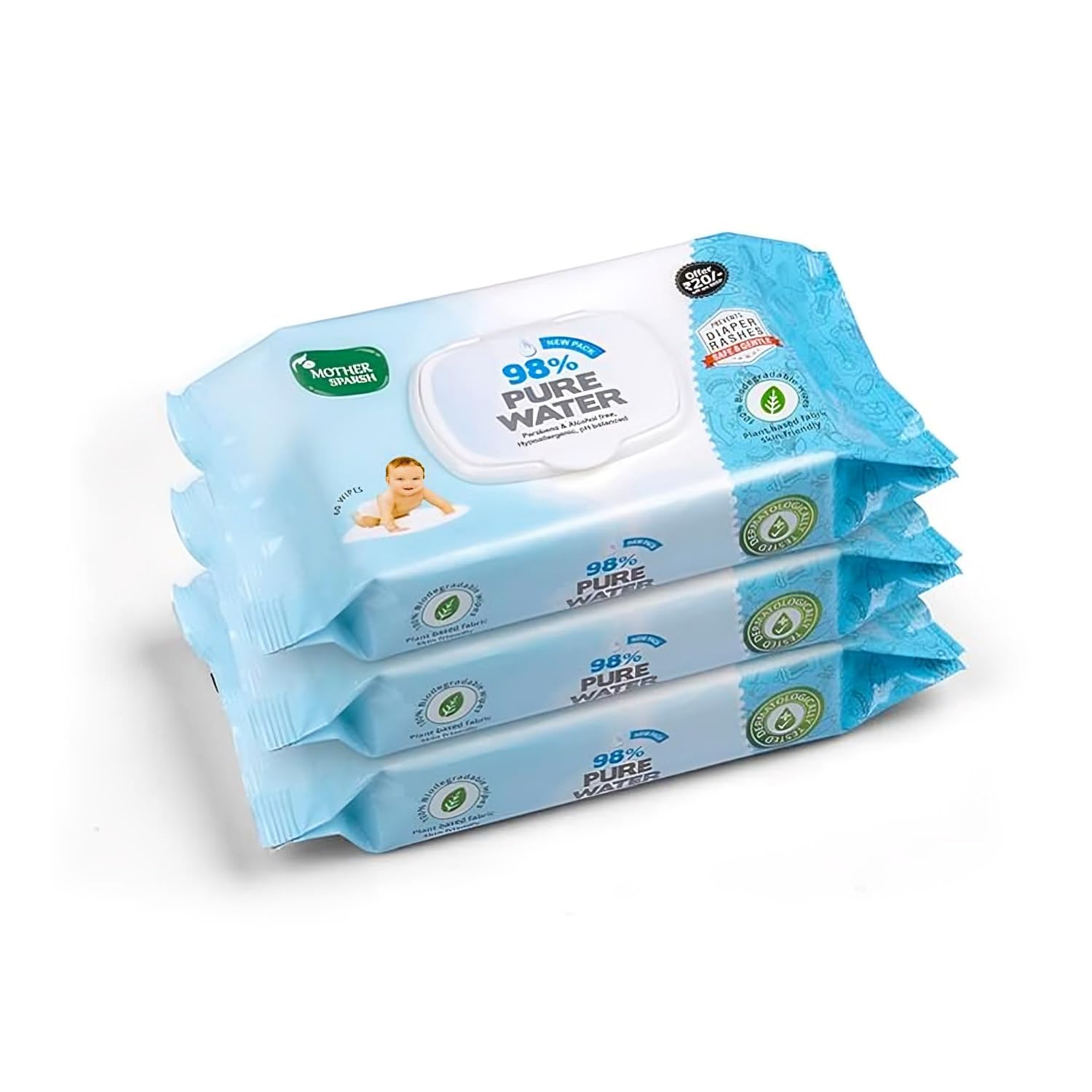 Mother Sparsh 98% Pure Water Baby Wipes - 60pcs (Pack of 3) - Laadlee