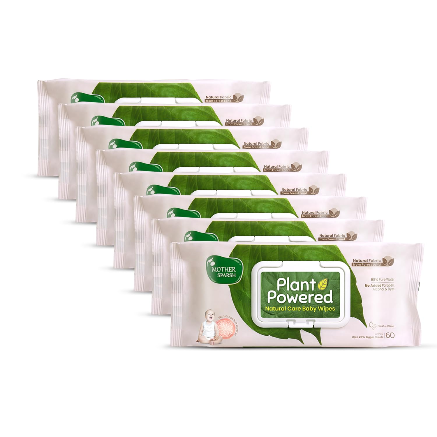 Mother Sparsh Plant Powered Natural Baby Wipes with Grapefruit Extract - 60pcs (Pack of 8) - Laadlee