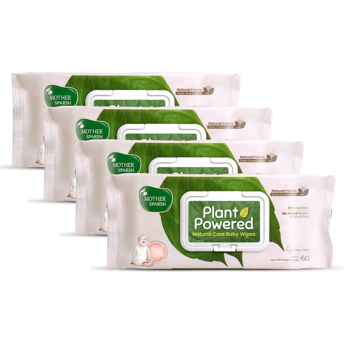 Mother Sparsh Plant Powered Natural Baby Wipes with Grapefruit Extract - 60pcs (Pack of 4) - Laadlee