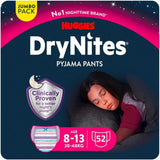 Huggies DryNites Pyjama Pants, 8-13Y, Bed Wetting Diaper, Girls, 30-44kg, 4 x Jumbo Packs - 52pcs