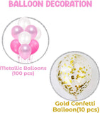 Brain Giggles Balloon Arch Kit – 113 Pcs White, Pink & Gold Confetti Balloons with Balloon Strip, Glue Dots, & Knotter for Party Decoration