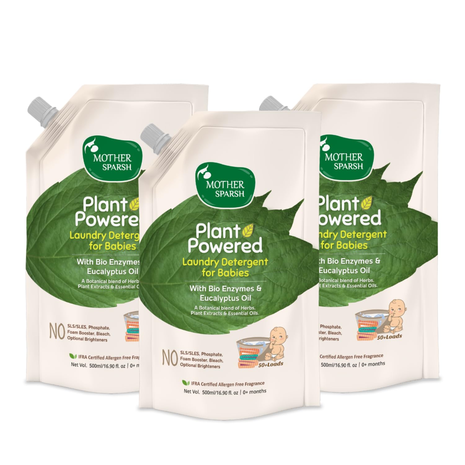 Mother Sparsh Plant Powered Laundry Detergent for Babies - Refill Pack - 500ml (Pack of 3) - Laadlee