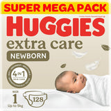 Huggies Extra Care Newborn - Size 1, Up to 5kg, Twin Jumbo Pack - 128pcs