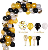 Brain Giggles Balloon Arch Kit – 113 Pcs White, Gold, Black, & Gold Confetti Balloons with Balloon Strip, Glue Dots, & Knotter for Party Decoration