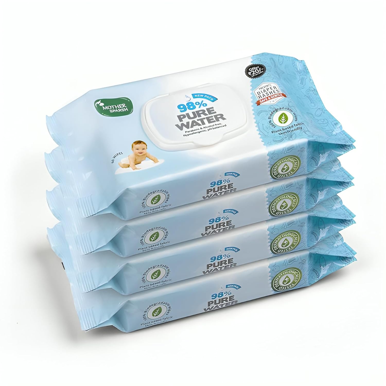 Mother Sparsh 98% Pure Water Baby Wipes - 60pcs (Pack of 4) - Laadlee