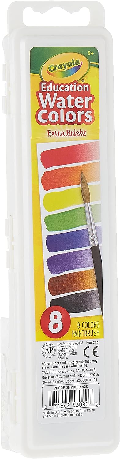 Crayola Semi-moist Oval Watercolor Pans with 1 Taklon Brush - Pack of 8