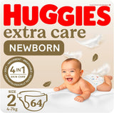 Huggies Extra Care Newborn - Size 2, 4 - 6kg, Jumbo Pack, 64pcs