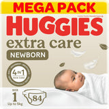 Huggies Extra Care Newborn- Size 1, Up to 5kg, Mega Pack - 84pcs