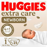 Huggies Extra Care Newborn - Size 1 Up to 5kg, Carry Pack - 21pcs