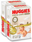 Huggies Extra Care Newborn - Size 2, 4 - 6kg, Twin Jumbo Pack - 128pcs