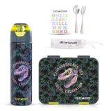 Eazy Kids 6 & 4 Convertible Bento Lunch Box With Water Bottle, Steel Spoon & Fork Set and Alphabets Sticker - T-Rex dino Grey