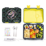 Eazy Kids 6 & 4 Convertible Bento Lunch Box With Lunch Bag, Steel Spoon & Fork Set and Alphabets Sticker - T-Rex dino Grey