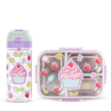 Eazy Kids 3 Compartment 800ml Stainless Steel bento Lunch Box With Water Bottle - Cup Cake Purple