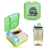Nova Kids 3 Compartment Bento Lunch Box With Water Bottle, Spoon & Fork Set and Stainless Steel Jar - Dino Green