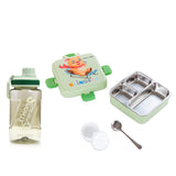 Nova Kids Stainless Steel 3 Compartment Bento Lunch Box With Water Bottle, Spoon and Sauce Box - Reindeer Green