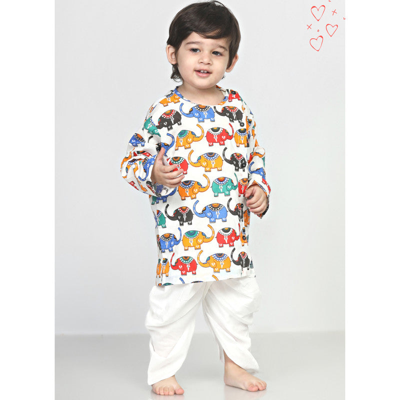 Polka Tots Full Sleeves Elephant Angrakha Top With Dhoti - Colorful - Laadlee
