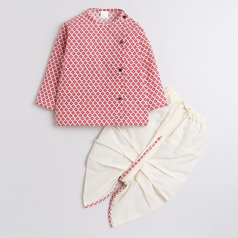 Polka Tots Full Sleeves Small Square Print Angrakha With Piping Dhoti - Cream - Laadlee