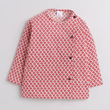 Polka Tots Full Sleeves Small Square Print Angrakha With Piping Dhoti - Cream - Laadlee