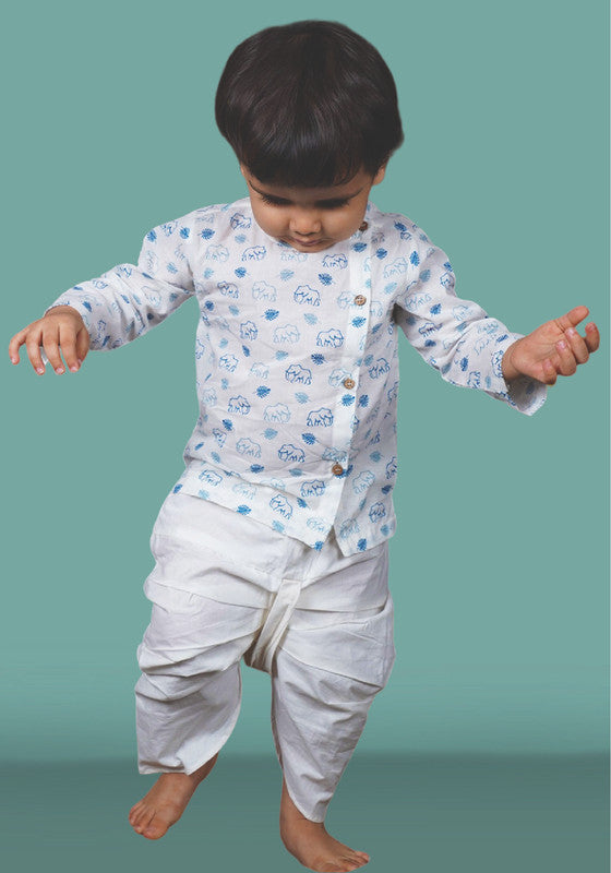 Polka Tots Full Sleeves Elephant Print Angrakha with Dhoti - White & Blue - Laadlee