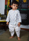 Polka Tots Full Sleeves Elephant Print Angrakha with Dhoti - White & Blue - Laadlee