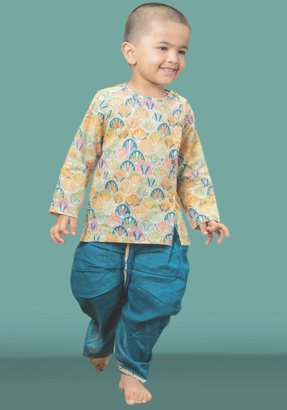 Polka Tots Full Sleeves Floral Print Baby Angrakha with Dhoti - Blue - Laadlee