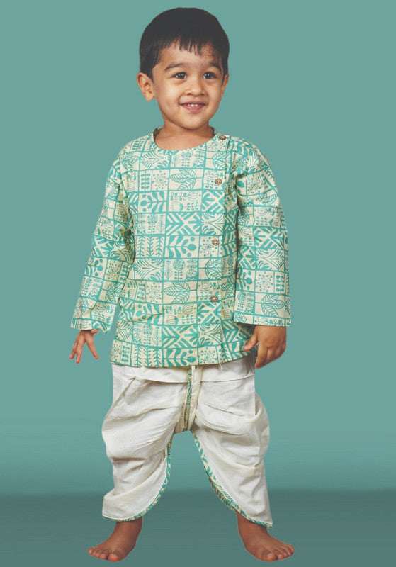Polka Tots Full Sleeves Geometric Print Angrakha Top With Dhoti - Cream & Green - Laadlee