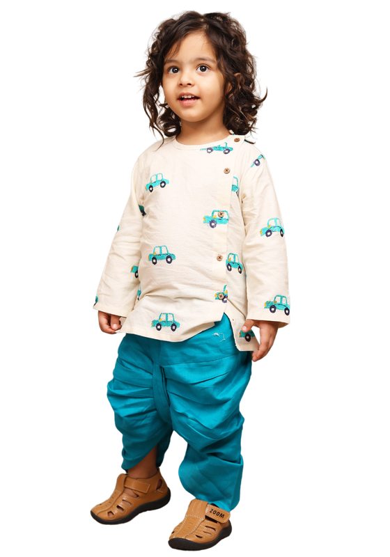 Polka Tots Full Sleeves Car Embroidery Angrakha Top With Dhoti - Cream - Laadlee