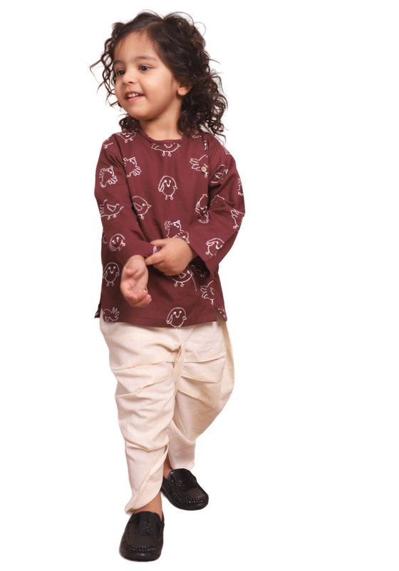 Polka Tots Full Sleeves Birds Embroidery Angrakha with Dhoti - Wine - Laadlee
