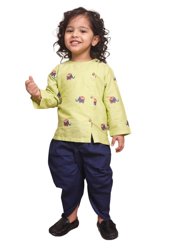 Polka Tots Full Sleeves Elephant Embroidery Baby Angrakha Top With Dhoti - Green - Laadlee