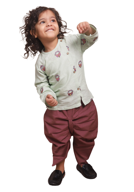 Polka Tots Full Sleeves Rickshaw Embroidery Angrakha with Dhoti - Green - Laadlee