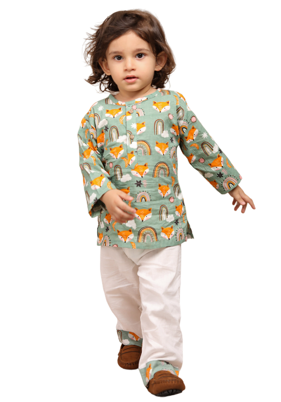 Polka Tots Full Sleeves Baby Night Wear Wolf Kurta Pyjama - Rainbow - Laadlee
