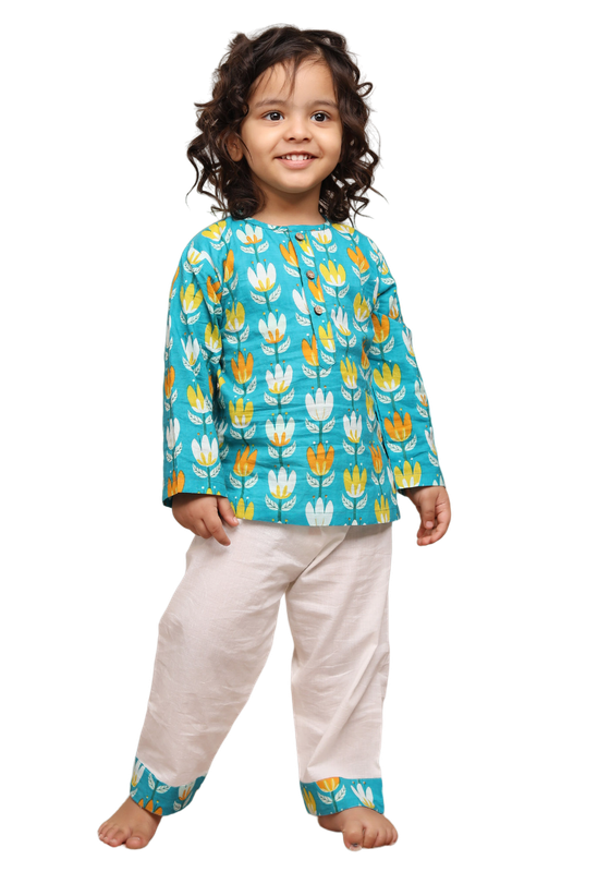 Polka Tots Full Sleeves Baby Night Wear Lotus Kurta Pyjama - White - Laadlee