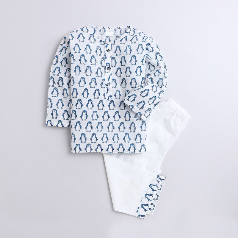 Polka Tots Full Sleeves Night Wear Penguin Kurta Pyjama - Blue - Laadlee