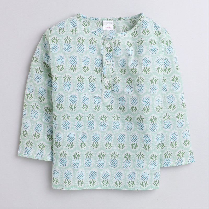 Polka Tots Full Sleeves Night Wear Pineapple Kurta Pyjama - Green - Laadlee