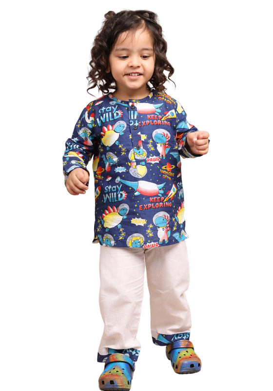Polka Tots Full Sleeves Night Wear Space Kurta Pyjama - Blue - Laadlee