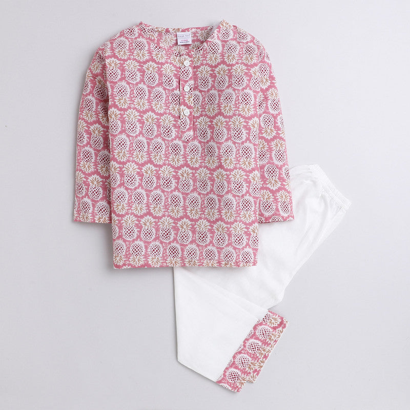Polka Tots Full Sleeves Baby Night Wear Pineapple Kurta Pyjama - Pink - Laadlee