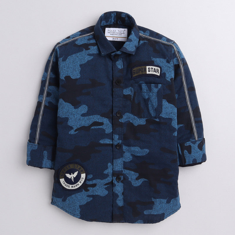 Polka Tots Full Sleeves Baby Shirt Military Print Camouflage Patch - Blue - Laadlee