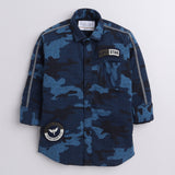 Polka Tots Full Sleeves Baby Shirt Military Print Camouflage Patch - Blue - Laadlee