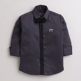 Polka Tots Full Sleeves Party Wear Reverse Collar Placket With Bow Tie Baby Shirt - Grey - Laadlee