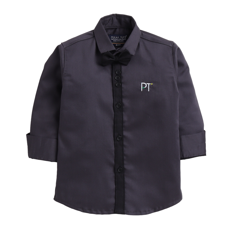 Polka Tots Full Sleeves Party Wear Reverse Collar Placket With Bow Tie Shirt - Grey - Laadlee