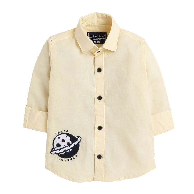 Polka Tots Full Sleeves Shirt Space Journey Embroidery - Yellow - Laadlee